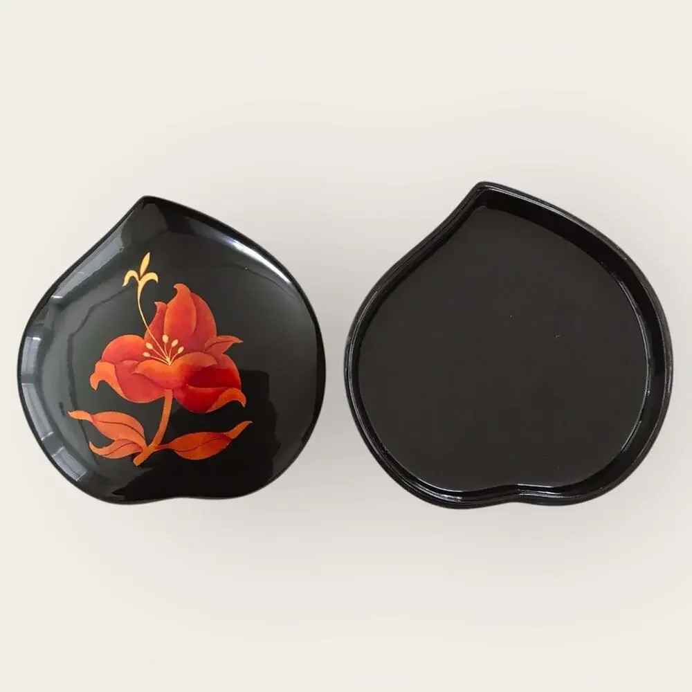 Vintage Floral Lacquer Black and Orange Art Jewelry Trinket Box